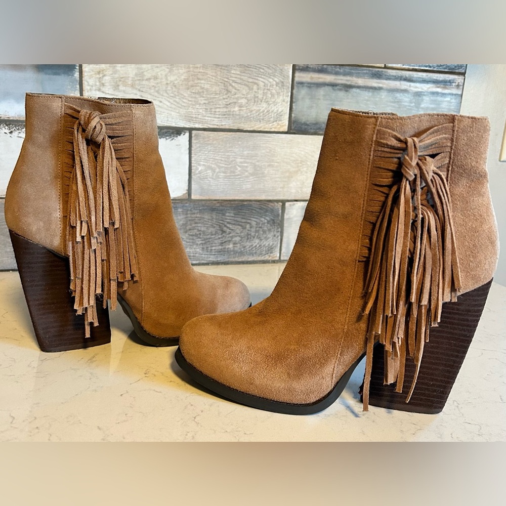 Very Volatile Dreamcatch Suede Leather Fringe Stacked Block Heel Ankle Boots - Picture 7 of 16